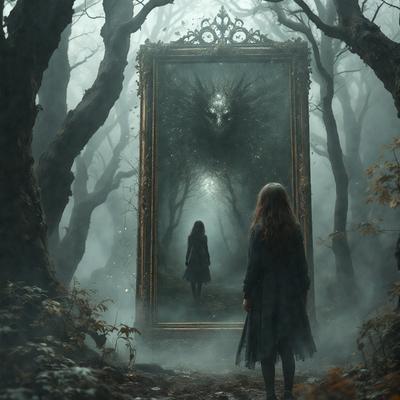 The primary subject of the image is a woman standing in front of a mirror. The setting is a forest, with trees surrounding the woman and the mirror. The visual style appears to be a combination of photo and digital art, creating a surreal and mysterious atmosphere. The colors in the image are predominantly dark, with the woman and the mirror being the main focus.